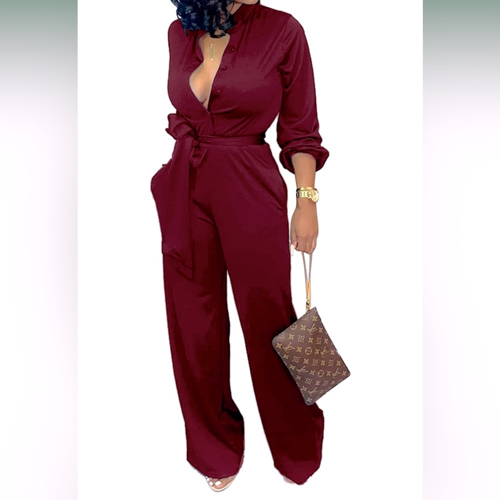 $10 Elegant Jumpsuit Classy Long Sleeves Burgundy Wine Pockets 2X